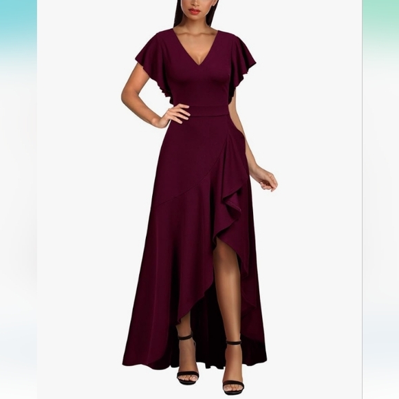Miusol Burgundy Formal V Neck Ruffle Split Dress Tag Size XXL Fits Size 18 NWT - Picture 1 of 9
